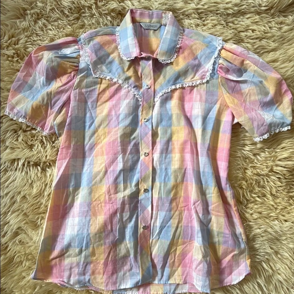 Pastel Plaid Button-Up Blouse